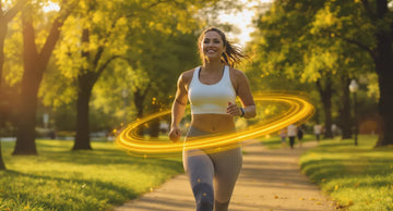 Mid-age woman power-walking at sunset with golden nano-turmeric swirl around her joints, symbolizing pain-free movement after nano-turmeric arthritis relief