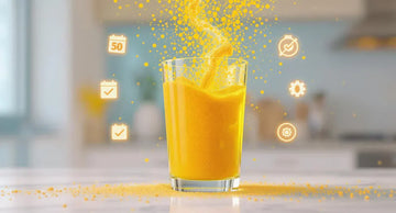 Vibrant photorealistic image of golden turmeric drink mix dissolving into nano particles in a clear glass, surrounded by calendar icons and safety symbols representing daily turmeric safety and health benefits like joint support and immune health.
