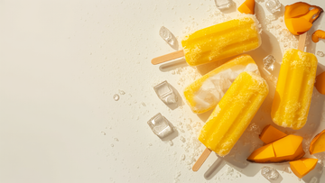 Golden turmeric coconut popsicles with mango chunks and ice