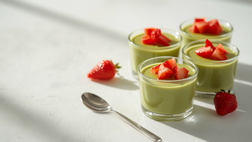 Cups of green NeuroMatcha strawberry pudding topped with fresh diced strawberries