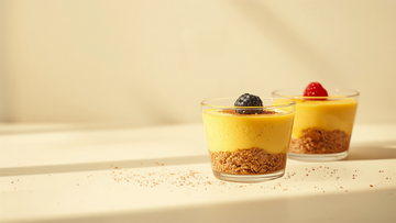 No-bake golden turmeric cheesecake cups with graham crust and a berry topping