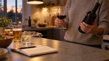 Person holding a glass of red wine and checking the back of a wine bottle beside beer, sparkling water and a notebook