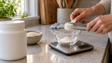Hands leveling a scoop of white powder over a glass bowl on a kitchen scale beside a closed white jar