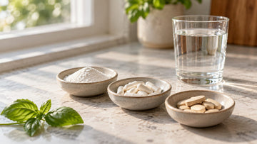 Three small dishes holding white powder, capsules and tablets beside a glass of water on a stone counter
