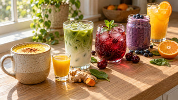 Six homemade anti-inflammatory drinks on a sunny kitchen counter: golden milk, a ginger turmeric shot, iced matcha latte, tart cherry spritzer, blueberry smoothie and a mango turmeric cooler