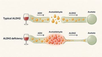 Diagram comparing typical ALDH2 and ALDH2 deficiency: alcohol becomes acetaldehyde via ADH, which backs up when ALDH2 is slow to convert it to acetate