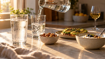 Glasses of water, nuts, avocado toast and yogurt on a kitchen counter, with a single glass of wine in the background