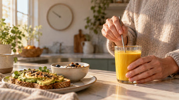 Person stirring a glass of golden turmeric drink next to avocado toast and yogurt at breakfast