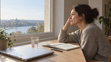 A woman in a gray sweater at a sunlit desk resting her cheek on her hand and gazing out the window, beside a glass of water, an open notebook and a closed laptop