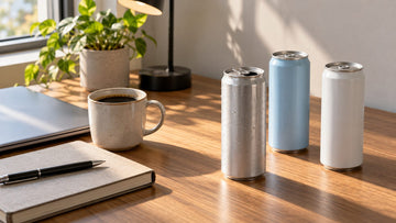 Three plain unlabeled energy drink cans in silver, pale blue and white on a wooden office desk beside a mug of black coffee, a notebook and a laptop