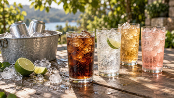 Four glasses of soda with ice on a wooden table outdoors, a cola, a lemon-lime soda with lime, a golden soda and a pink soda, with unlabeled cans in a tub of ice