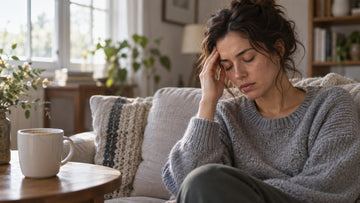 A person on a sofa with eyes closed and fingertips pressed to their temple beside an empty coffee mug in soft morning light