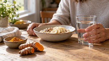 Turmeric powder and fresh turmeric root beside a bowl of oatmeal and a glass of water on a kitchen table