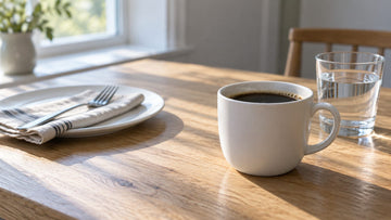 A cup of black coffee and a glass of water on a kitchen table beside an empty plate with a fork in morning light