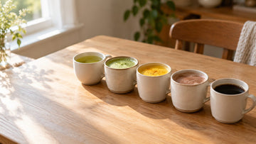 A row of mugs holding green tea, matcha latte, golden milk, hot cocoa and black coffee on a wooden table in morning light