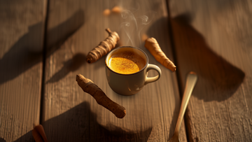 Nano Turmeric Golden Hour Latte in a mug with turmeric root on a rustic wooden table