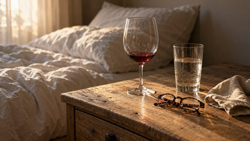A wine glass with a little red wine left beside a glass of water on a rustic wooden nightstand in warm morning light, with tortoiseshell reading glasses, a linen napkin and an unmade bed behind