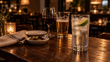 A tall glass of ice water with a lime wedge in front of a glass of red wine and a glass of beer on a dark wooden restaurant table, with a dish of olives and warm evening lights behind