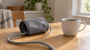 A rolled blood pressure cuff and its tube on a wooden kitchen table beside a steaming cup of black coffee