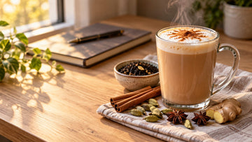 A glass mug of chai latte with cinnamon-dusted foam on a wooden desk with cinnamon sticks, cardamom pods, star anise, fresh ginger and loose black tea