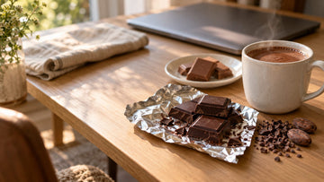 Squares of dark chocolate on an open foil wrapper with cacao nibs and beans beside a mug of hot cocoa on a sunny wooden desk