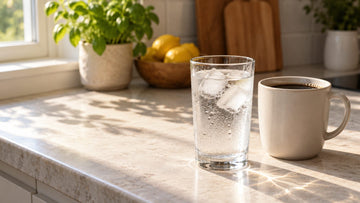 A tall glass of ice water beside a mug of black coffee on a sunlit stone kitchen counter, with lemons, a potted basil plant and wooden cutting boards in the background