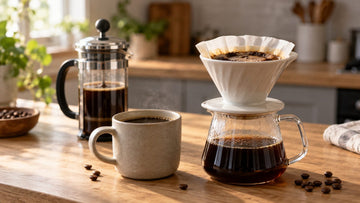 A white pour-over dripper with a paper filter on a glass carafe of brewed coffee beside a French press and a stoneware mug of black coffee on a sunlit wooden kitchen counter
