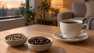 A cup of black coffee on a saucer beside small bowls of green and roasted coffee beans on a wooden table in evening light