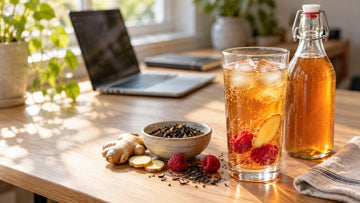 A tall glass of iced amber kombucha with ginger and raspberries beside a swing-top bottle on a sunny wooden desk with loose black tea and a laptop