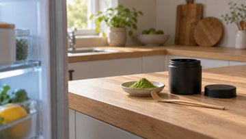 A black airtight matcha tin with its lid off beside a dish of green matcha powder and a bamboo scoop on a kitchen counter next to an open refrigerator