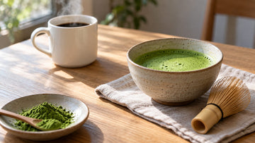 A bowl of whisked matcha next to a cup of black coffee and a dish of matcha powder