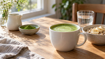 A matcha latte on a breakfast table next to a bowl of oatmeal with banana and a glass of water
