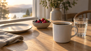 A mug of black mushroom coffee and a glass of water on a morning table, with an empty plate and a bowl of berries waiting for a later meal