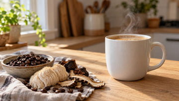 A mug of mushroom coffee on a kitchen counter next to coffee beans, lion's mane and chaga pieces