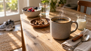 A steaming stoneware mug of black mushroom coffee on a sunlit wooden kitchen table, with a small jug of milk, a cinnamon stick, a dish of dried mushroom slices, a bowl of yogurt and berries, and running shoes by the door