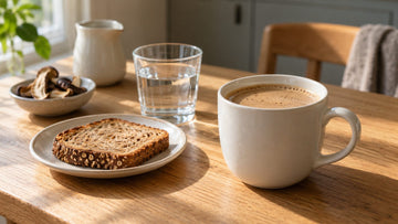 A mug of creamy mushroom coffee on a breakfast table with whole-grain toast, a glass of water and dried mushroom slices