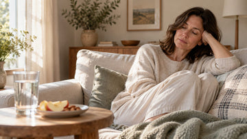 A woman resting on a sofa in soft afternoon light, with a glass of water and a plate of apple slices and almonds on a side table