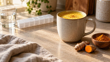 A speckled mug of golden turmeric milk with fresh turmeric root and a small bowl of ground turmeric on a sunlit kitchen counter, with a blank pill organizer and a glass of water in the background