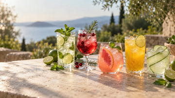 Five colorful mocktails in glasses with ice, mint, lime, cranberries, basil and cucumber garnishes on a sunny table