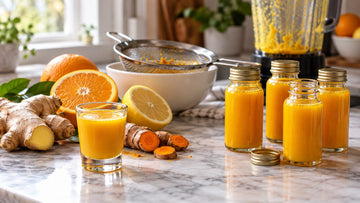 Small glass bottles and a shot glass of golden ginger turmeric shots on a marble counter with fresh ginger root, cut turmeric root, halved lemon and orange, a sieve over a bowl and a blender behind