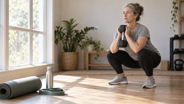 A woman doing a goblet squat with a dumbbell in a bright home gym corner, with a resistance band and water bottle nearby