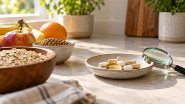 A dish of assorted capsules and tablets with a magnifying glass on a kitchen counter, beside bowls of oats and lentils and fresh fruit