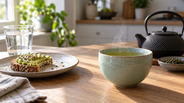 A pale green ceramic cup of steaming brewed green tea on an oak kitchen table in morning light, with a cast-iron teapot, loose tea leaves, avocado toast and a glass of water