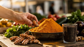 A hand selects fresh turmeric root near golden powder, highlighting how to naturally support your immune system
