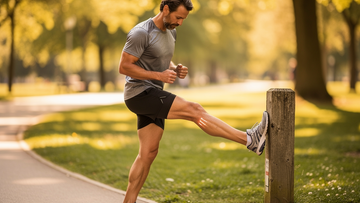 A runner stretching on a path during a workout to manage the natural soreness associated with DOMS