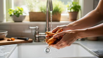A person washing fresh turmeric roots in a sunlit kitchen, highlighting the reality of natural immune support