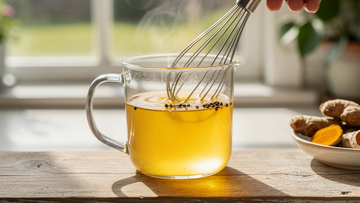 A golden turmeric and ginger immunity drink being prepared with black pepper to help the body absorb the nutrients