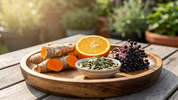 Fresh whole foods like turmeric, oranges, and elderberries arranged on a tray for a sensible immune-season stack
