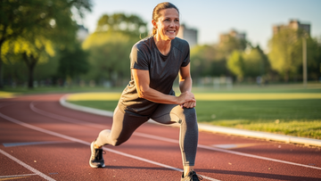 A runner stretching on a sunny track to support natural recovery from exercise inflammation and muscle soreness
