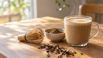 A glass mug of creamy light-brown hojicha latte with milk foam, beside a small bowl of brown hojicha powder and a bamboo whisk